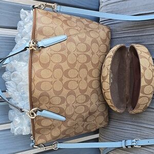 Coach 2 For 1 Tan and Blue Women's Bag Like New! 11x9x4.5 & Sun Glass Case!!